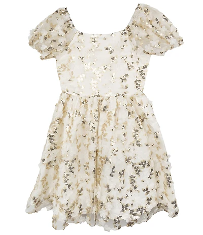 Rare Editions Big Girls Puffed-Sleeve Sequin-Embellished Floral-Soutache-Embroidered Fit-And-Flare Dress
