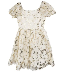 Rare Editions Big Girls Puffed-Sleeve Sequin-Embellished Floral-Soutache-Embroidered Fit-And-Flare Dress