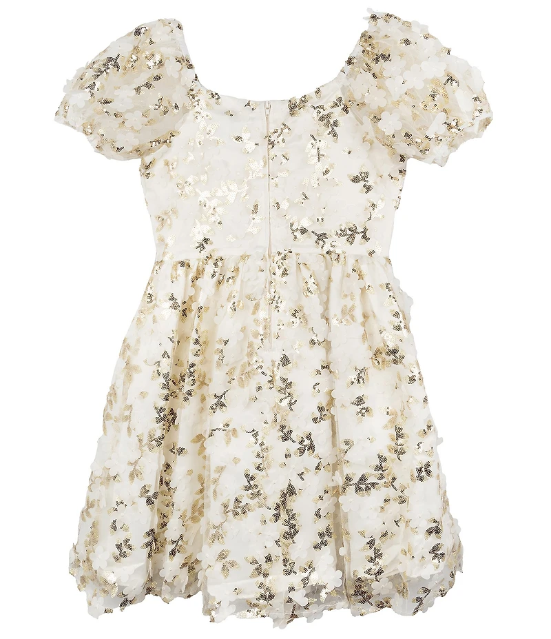 Rare Editions Big Girls Puffed-Sleeve Sequin-Embellished Floral-Soutache-Embroidered Fit-And-Flare Dress