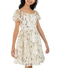Rare Editions Big Girls Puffed-Sleeve Sequin-Embellished Floral-Soutache-Embroidered Fit-And-Flare Dress