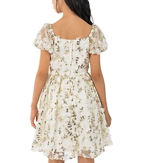 Rare Editions Big Girls Puffed-Sleeve Sequin-Embellished Floral-Soutache-Embroidered Fit-And-Flare Dress