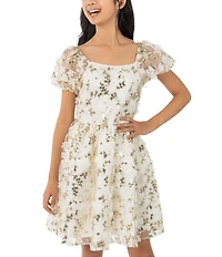 Rare Editions Big Girls Puffed-Sleeve Sequin-Embellished Floral-Soutache-Embroidered Fit-And-Flare Dress