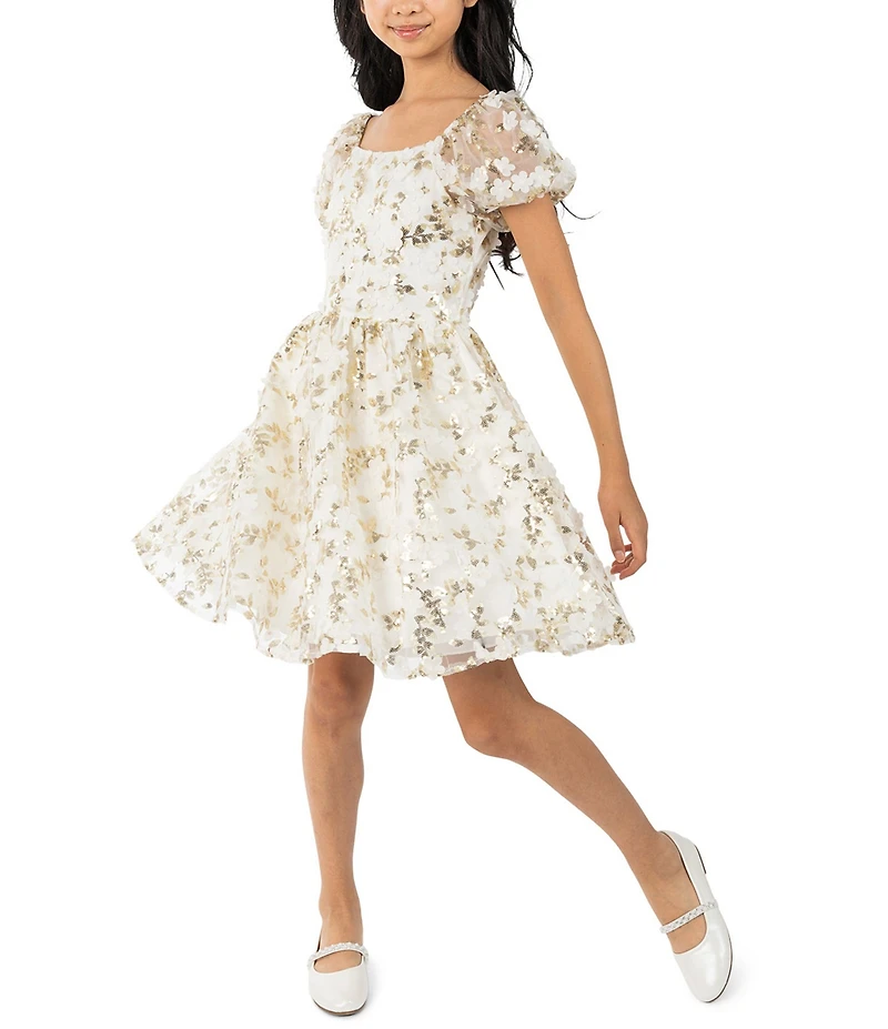 Rare Editions Big Girls Puffed-Sleeve Sequin-Embellished Floral-Soutache-Embroidered Fit-And-Flare Dress