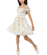 Rare Editions Big Girls Puffed-Sleeve Sequin-Embellished Floral-Soutache-Embroidered Fit-And-Flare Dress