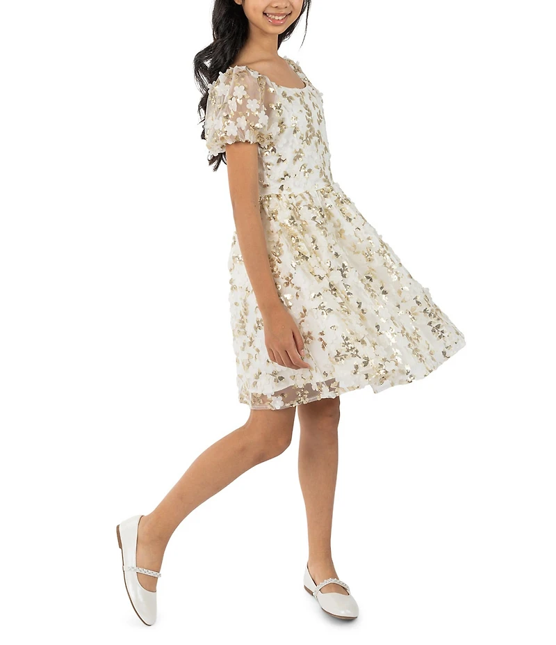 Rare Editions Big Girls Puffed-Sleeve Sequin-Embellished Floral-Soutache-Embroidered Fit-And-Flare Dress
