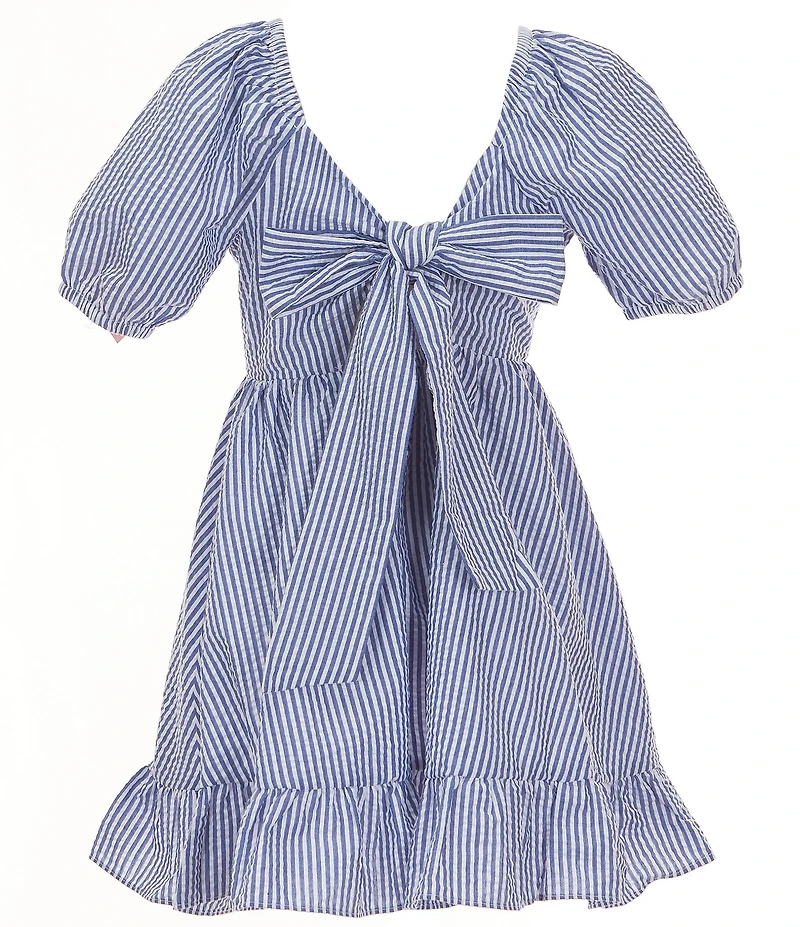 Rare Editions Big Girls Puffed-Sleeve Striped Seersucker Fit-And-Flare Dress
