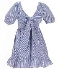 Rare Editions Big Girls Puffed-Sleeve Striped Seersucker Fit-And-Flare Dress