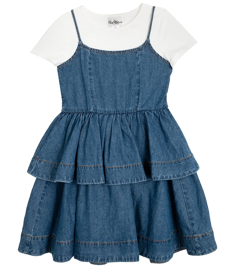 Rare Editions Big Girls Short-Sleeve Solid Knit T-Shirt & Sleeveless Ruffled Denim Dress