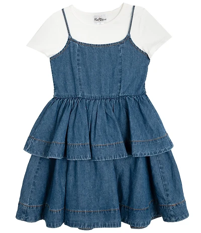 Rare Editions Big Girls Short-Sleeve Solid Knit T-Shirt & Sleeveless Ruffled Denim Dress
