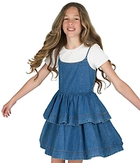 Rare Editions Big Girls Short-Sleeve Solid Knit T-Shirt & Sleeveless Ruffled Denim Dress