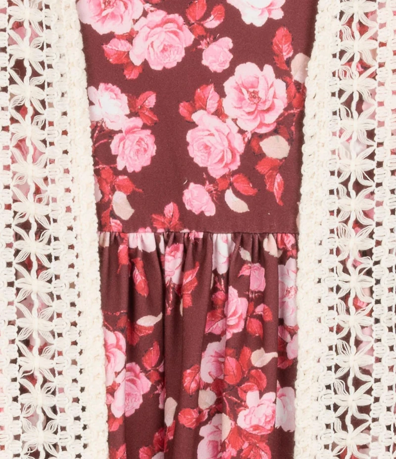 Rare Editions Big Girls Sleeveless Crocheted Cardigan & Short-Sleeve Floral-Printed Fit-And-Flare Dress Set