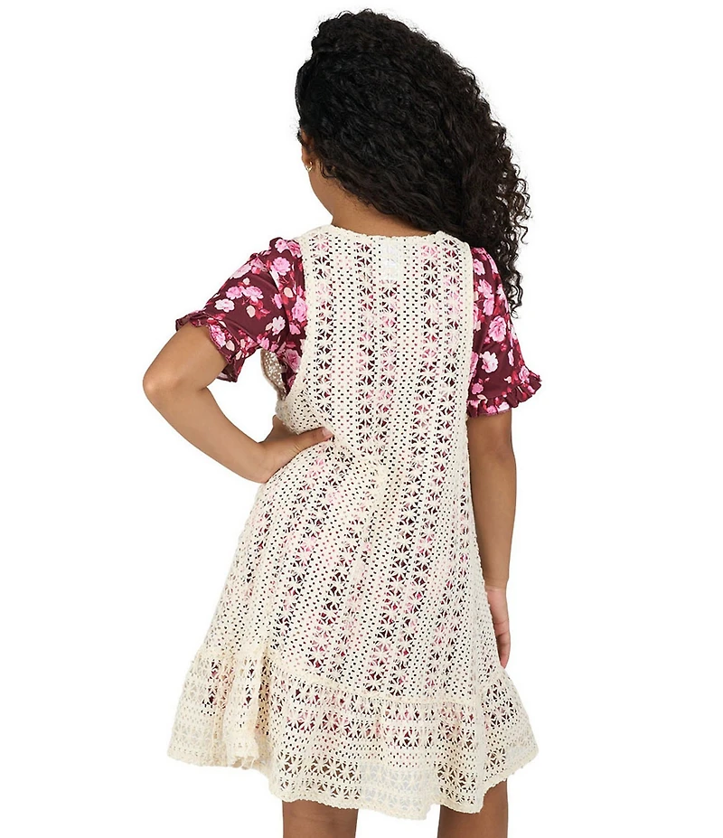 Rare Editions Big Girls Sleeveless Crocheted Cardigan & Short-Sleeve Floral-Printed Fit-And-Flare Dress Set