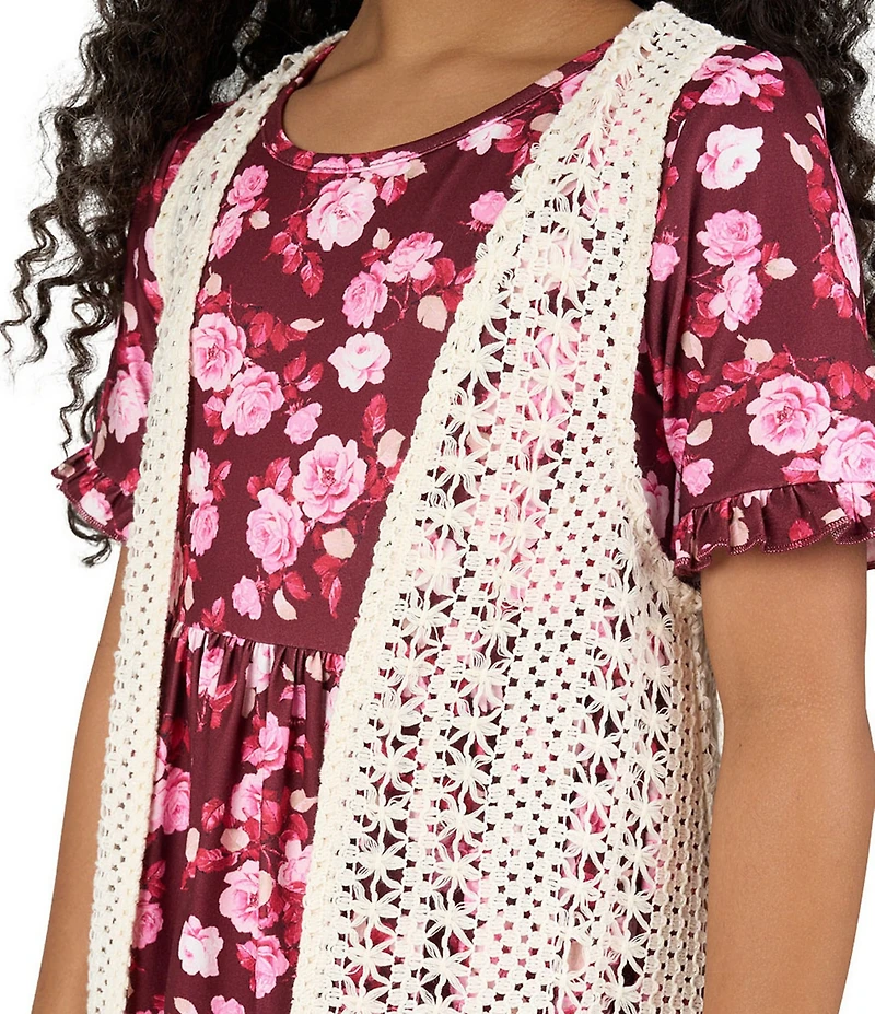 Rare Editions Big Girls Sleeveless Crocheted Cardigan & Short-Sleeve Floral-Printed Fit-And-Flare Dress Set