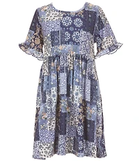 Rare Editions Big Girls Sleeveless Crocheted Vest & Short-Sleeve Printed A-Line Dress Set