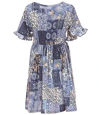 Rare Editions Big Girls Sleeveless Crocheted Vest & Short-Sleeve Printed A-Line Dress Set