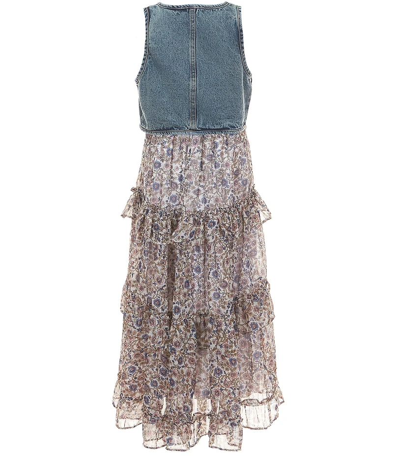 Rare Editions Big Girls Sleeveless Denim Tie-Front Vest & Sleeveless Floral Printed Chiffon Dress Set
