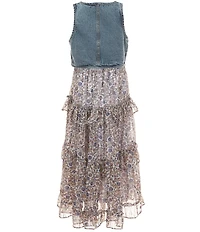 Rare Editions Big Girls Sleeveless Denim Tie-Front Vest & Sleeveless Floral Printed Chiffon Dress Set