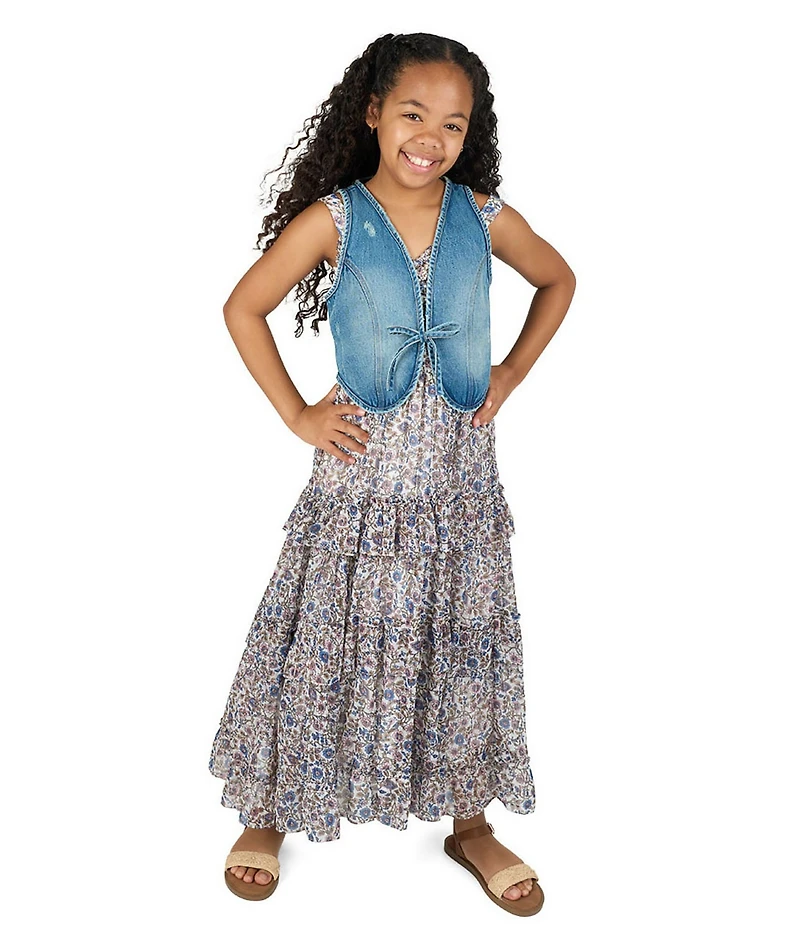 Rare Editions Big Girls Sleeveless Denim Tie-Front Vest & Sleeveless Floral Printed Chiffon Dress Set