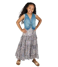 Rare Editions Big Girls Sleeveless Denim Tie-Front Vest & Sleeveless Floral Printed Chiffon Dress Set