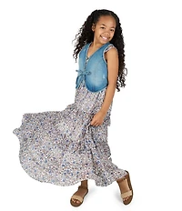 Rare Editions Big Girls Sleeveless Denim Tie-Front Vest & Sleeveless Floral Printed Chiffon Dress Set