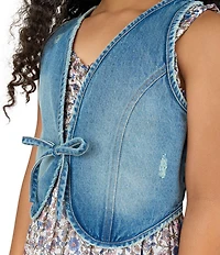 Rare Editions Big Girls Sleeveless Denim Tie-Front Vest & Sleeveless Floral Printed Chiffon Dress Set