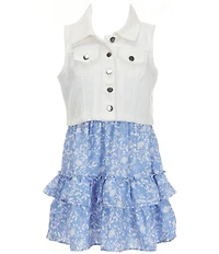 Rare Editions Big Girls Sleeveless Denim Vest & Ditsy-Floral-Printed Fit-And-Flare Dress