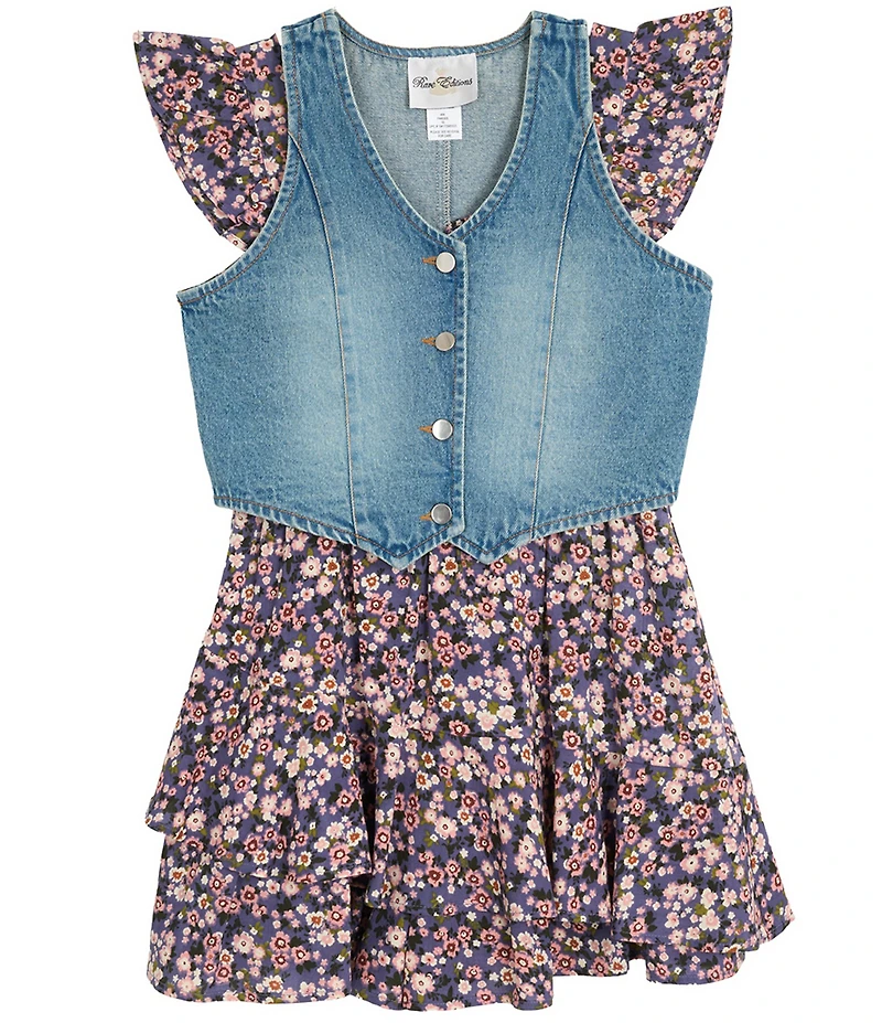 Rare Editions Big Girls Sleeveless Denim Vest & Printed Flutter-Sleeve Challis Romper Set