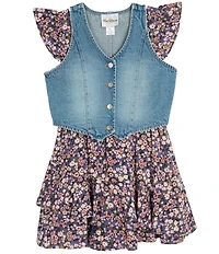 Rare Editions Big Girls Sleeveless Denim Vest & Printed Flutter-Sleeve Challis Romper Set