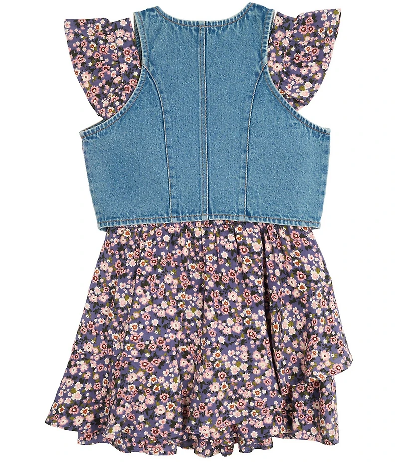 Rare Editions Big Girls Sleeveless Denim Vest & Printed Flutter-Sleeve Challis Romper Set