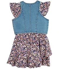 Rare Editions Big Girls Sleeveless Denim Vest & Printed Flutter-Sleeve Challis Romper Set