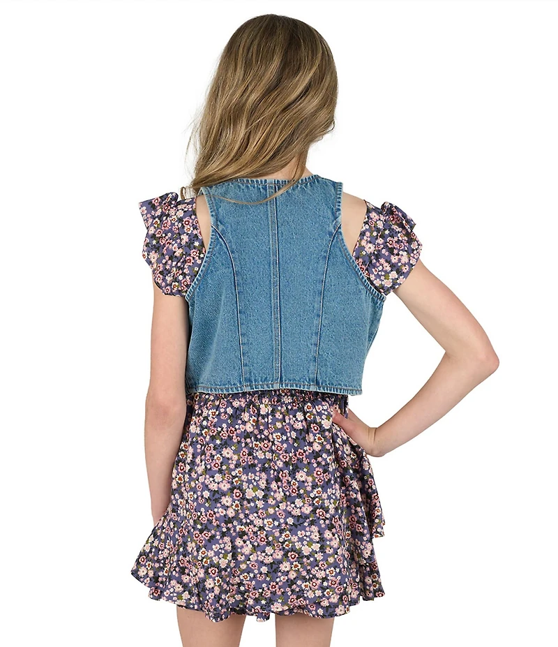 Rare Editions Big Girls Sleeveless Denim Vest & Printed Flutter-Sleeve Challis Romper Set