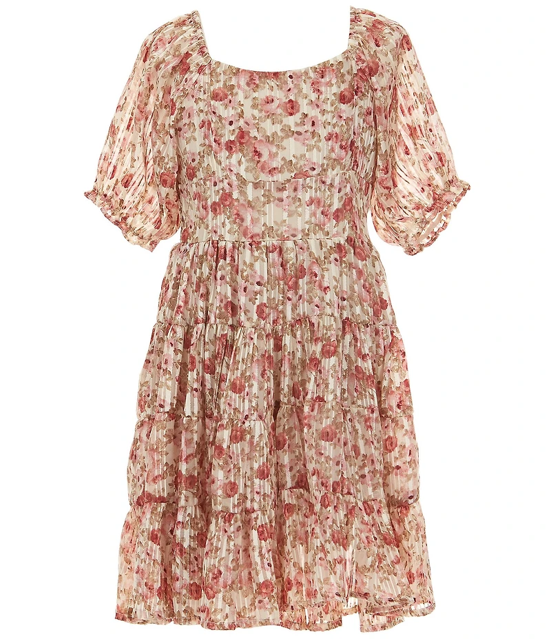 Rare Editions Big Girls Sleeveless Denim Vest & Puffed-Sleeve Floral-Printed Burnout Dress Set