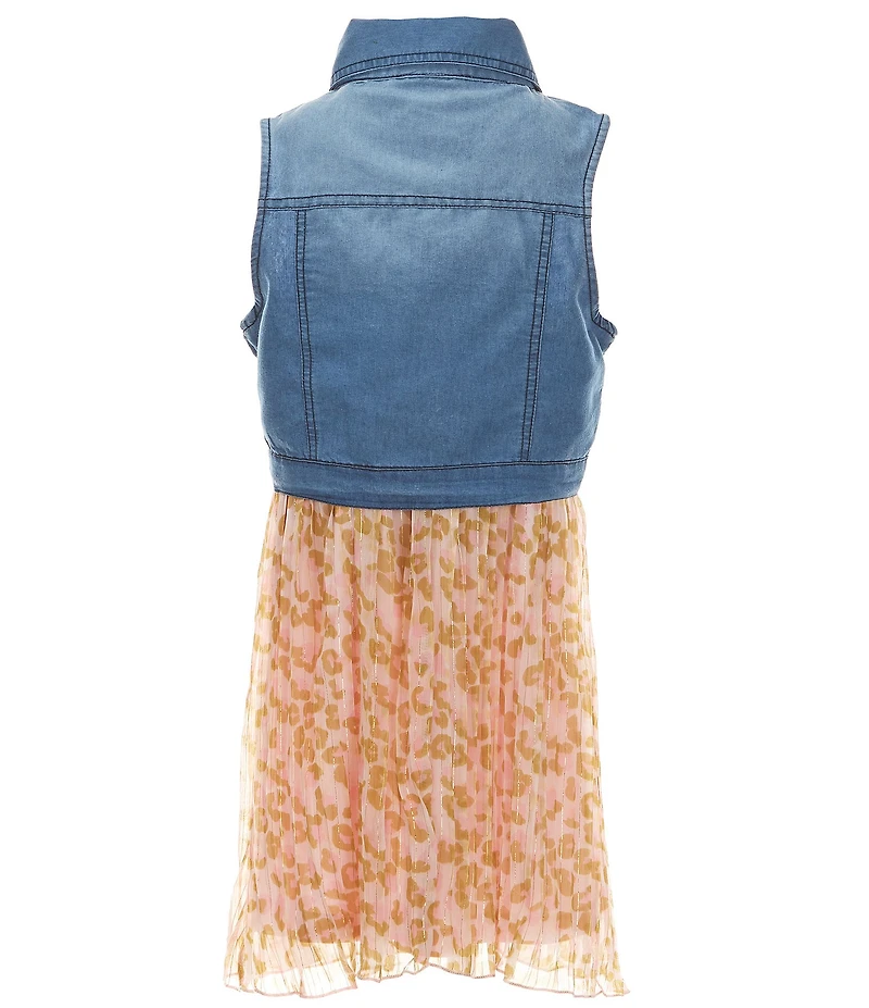 Rare Editions Big Girls Sleeveless Denim Vest & Sleeveless Floral-Printed Pleated Chiffon Dress