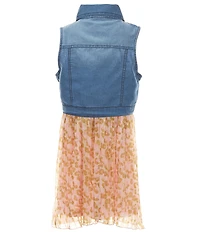 Rare Editions Big Girls Sleeveless Denim Vest & Sleeveless Floral-Printed Pleated Chiffon Dress