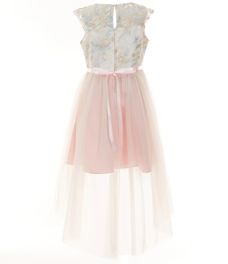 Rare Editions Big Girls Sleeveless Floral-Embroidered Illusion Mesh Bodice/Mesh-Skirted High-Low-Hem Ballgown