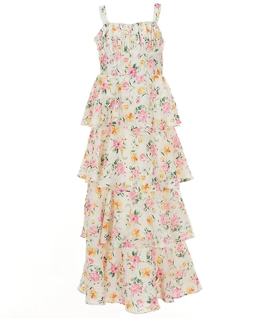 Rare Editions Big Girls Sleeveless Floral-Printed Shirred Ruffled Long Dress