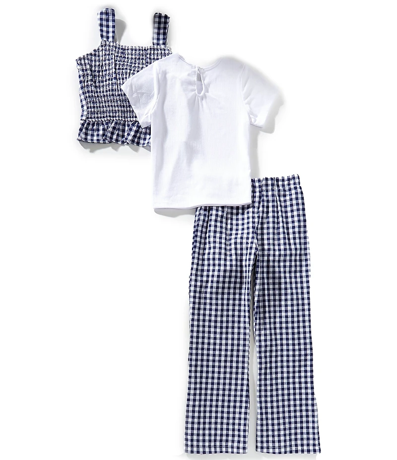 Rare Editions Big Girls Sleeveless Gingham-Printed Tie-Front Tank Top & Matching Pants & Solid Short-Sleeve T-Shirt Set