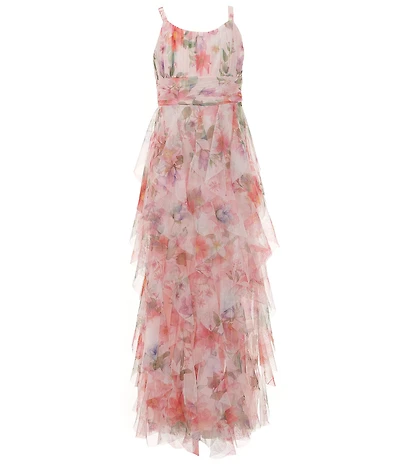 Rare Editions Big Girls Sleeveless Glitter-Accented Floral-Printed Cascading-Skirted Long Mesh Dress