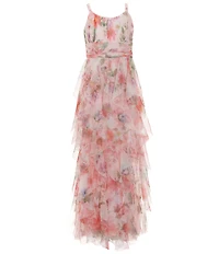 Rare Editions Big Girls Sleeveless Glitter-Accented Floral-Printed Cascading-Skirted Long Mesh Dress