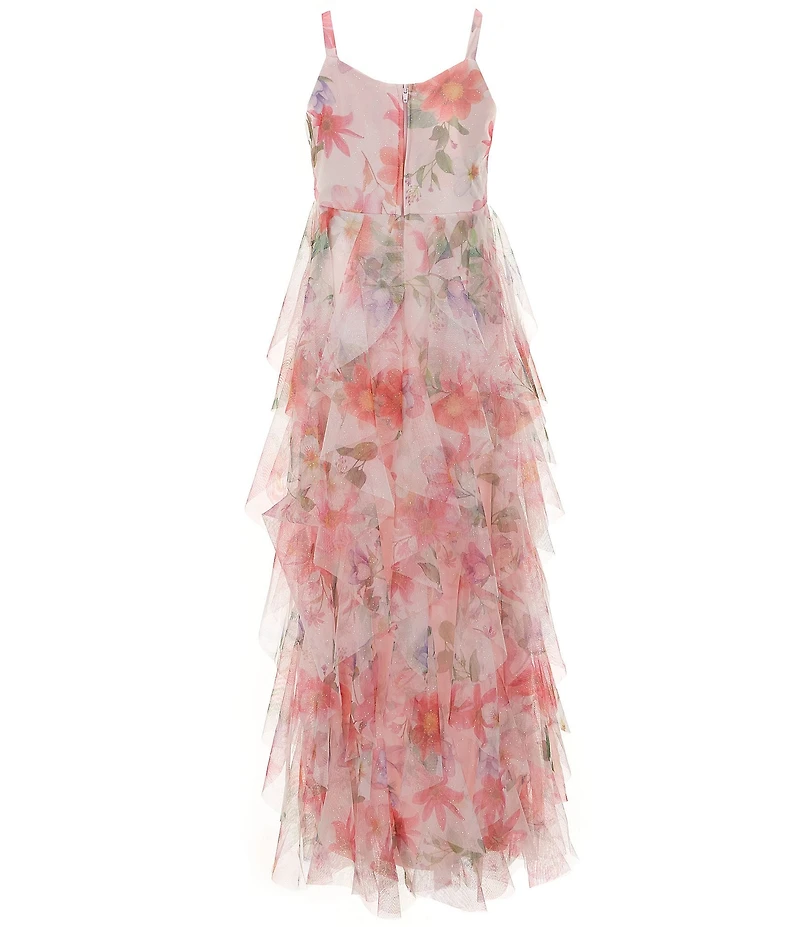 Rare Editions Big Girls Sleeveless Glitter-Accented Floral-Printed Cascading-Skirted Long Mesh Dress