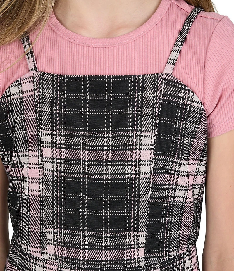 Rare Editions Big Girls Sleeveless Plaid Jumper Dress & Short-Sleeve Solid Rib-Knit T-Shirt Set