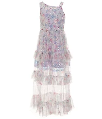Rare Editions Big Girls Sleeveless Sequin-Embellished Floral Tiered Long Dress