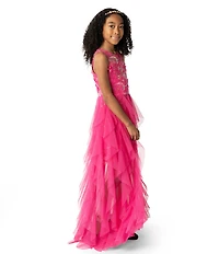 Rare Editions Big Girls Sleeveless Sequin Illusion-Lace Bodice/Cascading-Mesh-Skirted Ballgown