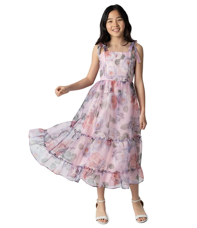 Rare Editions Big Girls Sleevleess Floral-Printed Organza Long Dress
