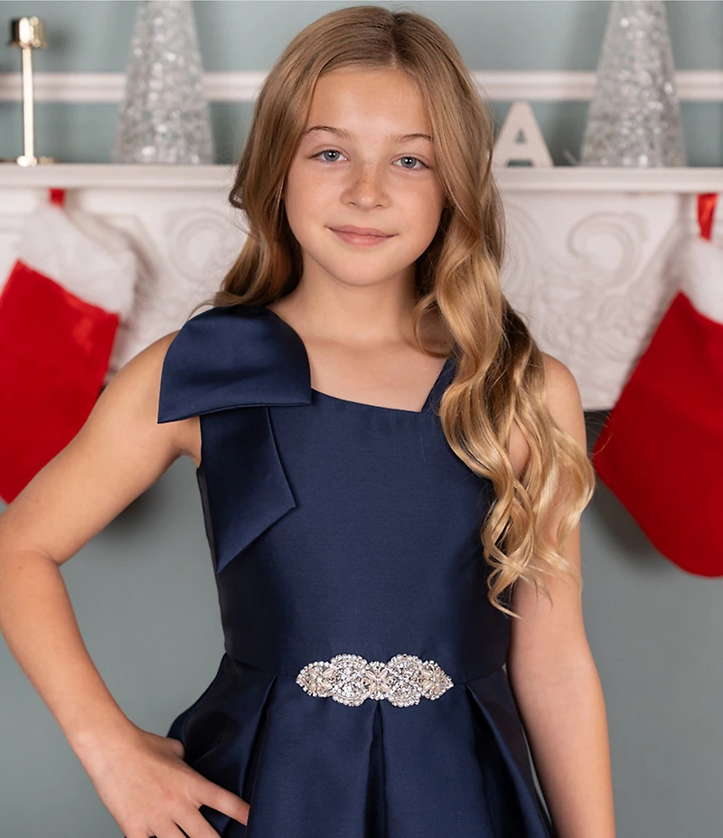 Rare Editions Big Girls Asymmetrical-Neck Bow-Accented Fit-And-Flare Dress