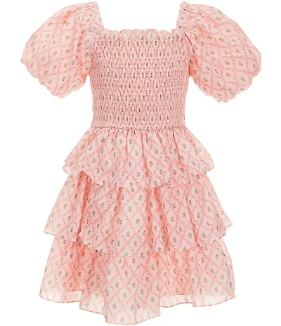 Rare Editions Big Girls Bubble Sleeve Ditsy Floral Printed Smocked Bodice Fit-And-Flare Tiered Dress