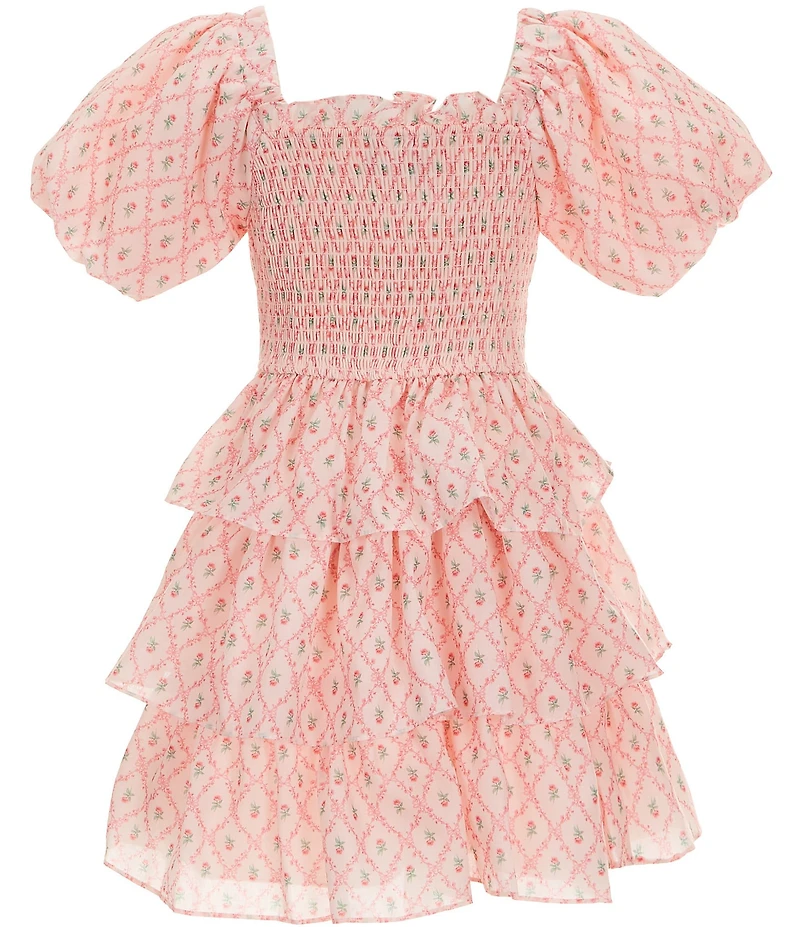 Rare Editions Big Girls Bubble Sleeve Ditsy Floral Printed Smocked Bodice Fit-And-Flare Tiered Dress