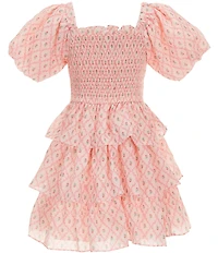 Rare Editions Big Girls Bubble Sleeve Ditsy Floral Printed Smocked Bodice Fit-And-Flare Tiered Dress