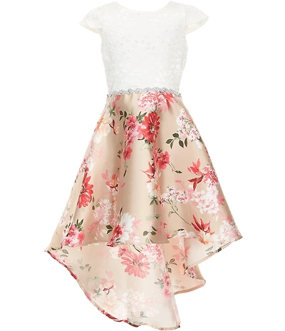 Rare Editions Big Girls Cap-Sleeve Lace-Bodice/Floral Mikado Skirted High-Low-Hem Ballgown