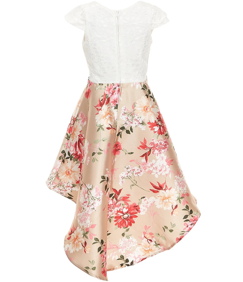 Rare Editions Big Girls Cap-Sleeve Lace-Bodice/Floral Mikado Skirted High-Low-Hem Ballgown